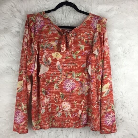 Lauren Conrad Red‎ Floral Ruffle Long Sleeve Top - Picture 5 of 7